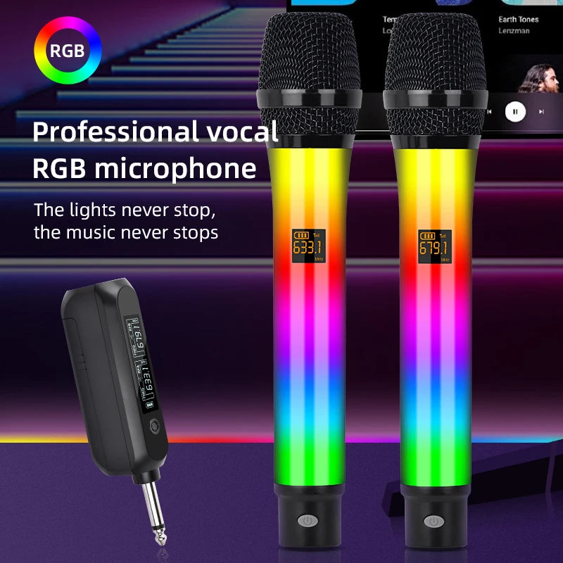 Professional 2 Channel RGB Lights Dual Handheld Dynamic Wireless Microphone DJ System Mic For Singing Wedding DJ Party Speech